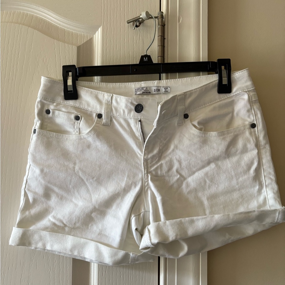Prana White Jean Shorts with Cuffed Hem and Distressed Details